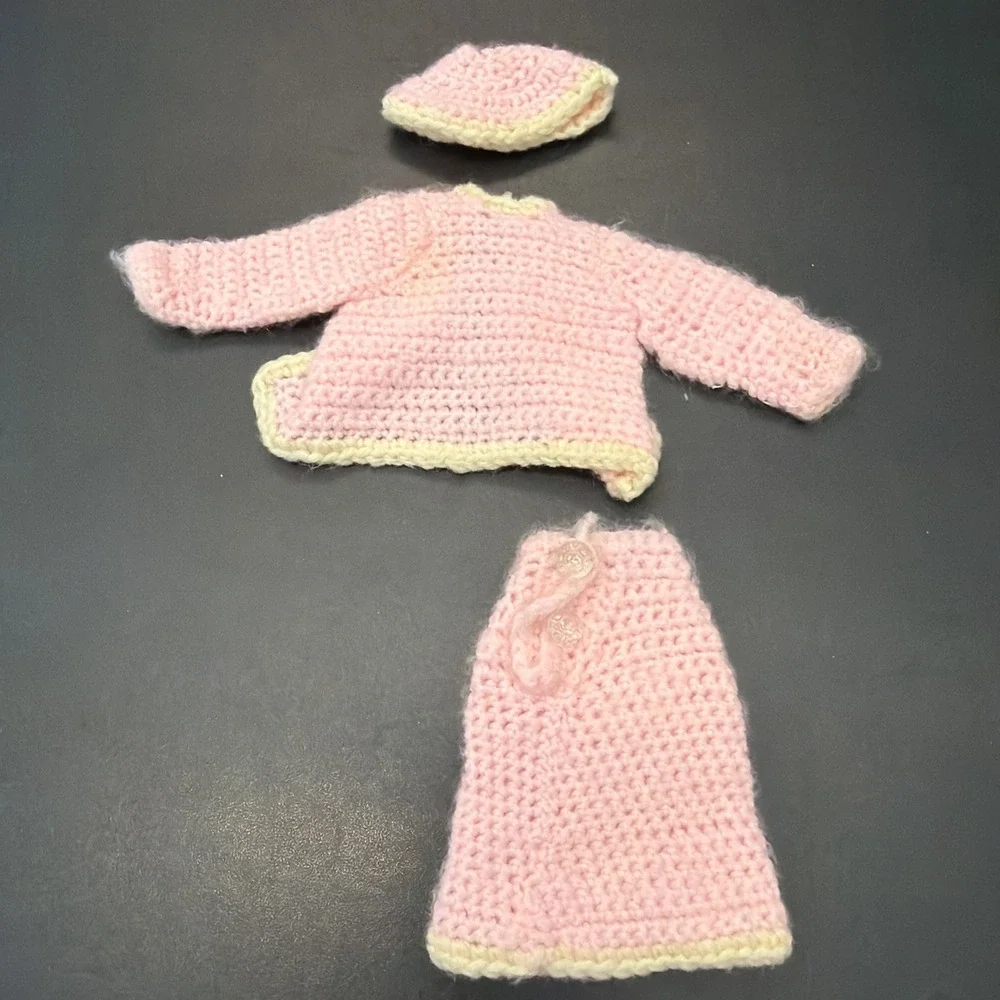 Vintage Handmade Crocheted Pink Color Dress, Barbie Size With Accessories